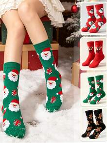 4 Pairs Christmas Theme Cartoon Mid-Calf Socks For Women Red Reindeer Snowman Gingerbread Man Christmas Tree Jacquard Cotton Socks Festive Atmosphere Versatile Celebration New Year Slouch Socks - Multicolor - View 8