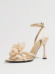 Women's Beige High Heel Sandals With 3D Fabric Floral Decor, Unique Twisted Design, Thin Stiletto Heel, Pointed Toe, Versatile Elegant Style, Suitable For All Seasons, Parties, Gatherings, Evening Events, Stage, Runway, Street Style, Outdoor, Dating, Wedding, Thin Strap - Beige - View 4