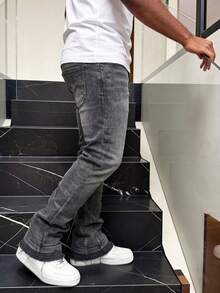 Men's Retro Washed Stretch Slim Flared Jeans, Casual Street Fashion Design, Suitable For All Seasons - Grey - View 4
