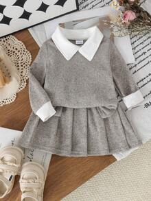 2pcs Baby Girl Casual Soft Commuter Style Lapel Long Sleeve Top & Matching Fabric Elastic Pleated Skirt Set, Suitable For Spring Autumn Daily Outings - Grey - View 4