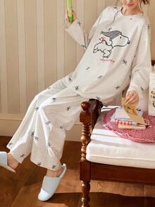Gongdie 2pcs Snoopy Women's Pajama Set, Spring/Autumn Soft Cotton Loungewear In Grey Floral, With Cartoon Pattern And Bow Print - Light Grey - View 1