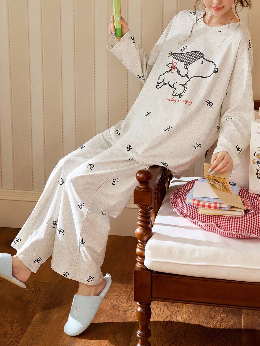 Gongdie 2pcs Snoopy Women's Pajama Set, Spring/Autumn Soft Cotton Loungewear In Grey Floral, With Cartoon Pattern And Bow Print - Light Grey - View 1