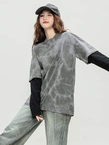 JUTU Spring/Autumn Loose Round Neck 2 In 1 Long Sleeve Tie-Dye Print Women's T-Shirt, For Outing And Commuting Casual - Ash and Black - View 3