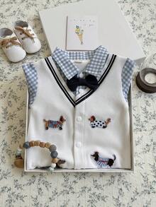 Baju Terusan Bayi Laki-Laki Motif Kotak-kotak dengan Bordir Anak Anjing dan Pita, Lengan Panjang - Putih - View 8