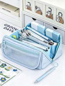 1pc Large Multi-Compartment Pencil Case, Waterproof Portable Stationery Storage Bag, Cute Organizer Pouch, Suitable For School, B, First Day Of School - Multicolor - View 9