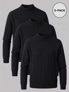 3pcs Men's Mercerized Striped Slim Fit Regular Shoulder Mock Neck Long Sleeve Sweater - Black - View 2