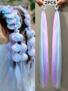 2pcs DIY Ponytail Hair Extensions, Synthetic Fiber Braided Hair Extensions With Rubber Hair Bands, Suitable For Children - Multicolor - View 2