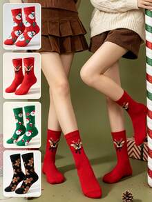 4 Pairs Christmas Theme Cartoon Mid-Calf Socks For Women Red Reindeer Snowman Gingerbread Man Christmas Tree Jacquard Cotton Socks Festive Atmosphere Versatile Celebration New Year Slouch Socks - Multicolor - View 4