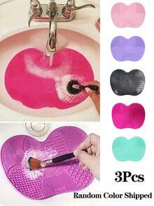 3/1pc Silicone Makeup Brush Cleaning Pad, Portable Makeup Brush Washing Mat, Multi-Texture Zoned Makeup Brush Cleaning Tool - Multicolor - View 10