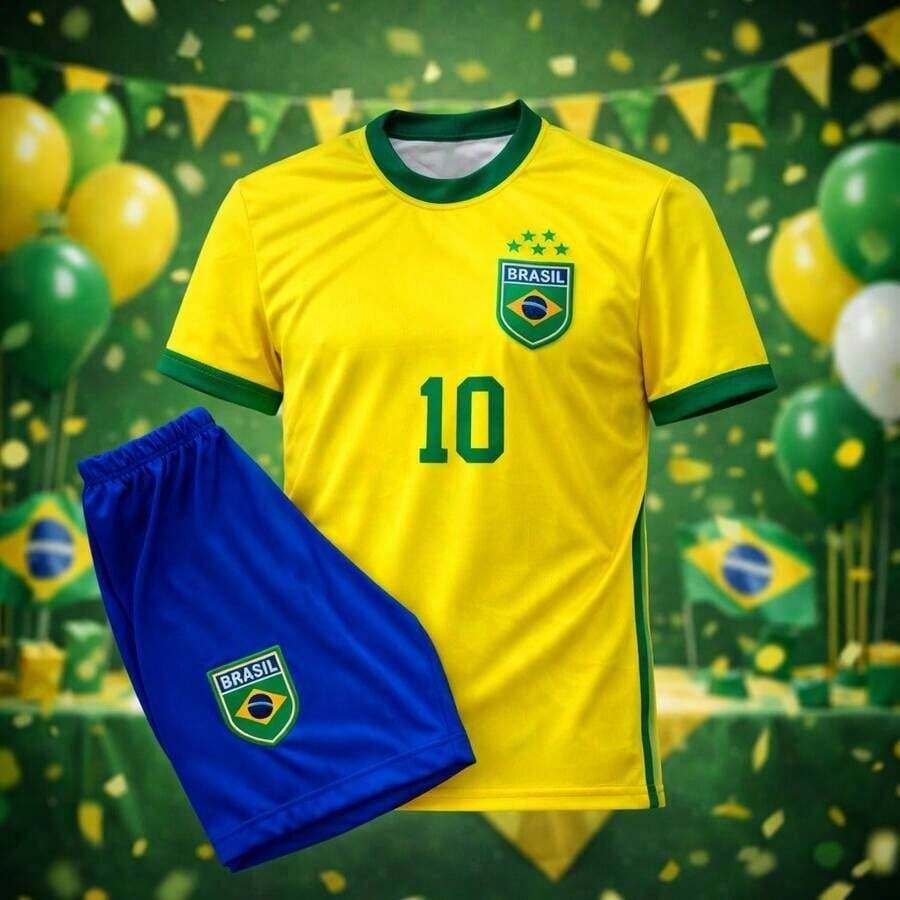 Kit Conjunto Futebol Infantil Time Europeu Uniforme Completo Com Camisa Shorts Treino Competição Presente Crianças - Amarelo - Visão 1
