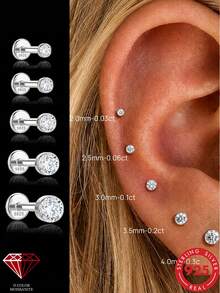 1 pieza Pendientes de botón de mujer de plata de ley 925 con moissanita, pendientes de cartílago redondos, diseño de espalda plana, adecuados para uso diario, boda, compromiso, joyería fina - Plateado - Ver 2