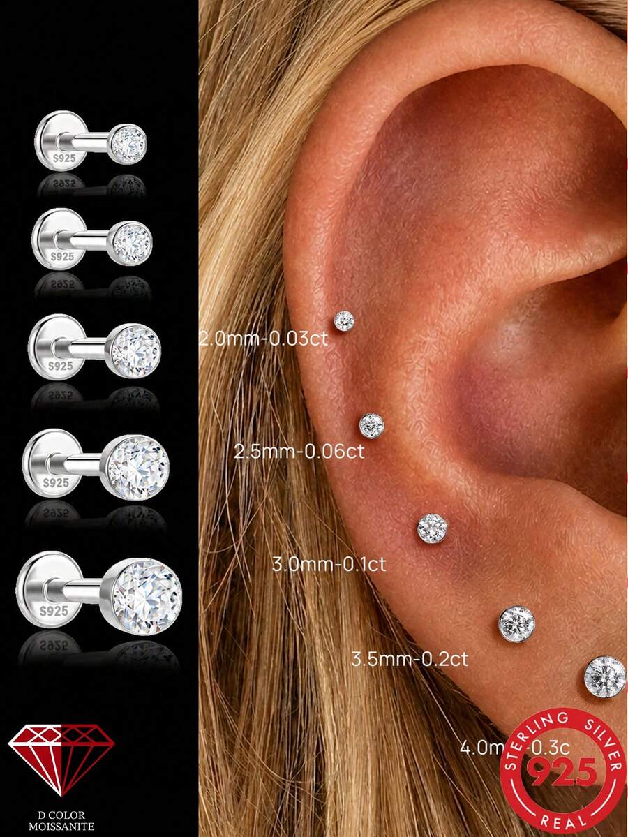 1 pieza Pendientes de botón de mujer de plata de ley 925 con moissanita, pendientes de cartílago redondos, diseño de espalda plana, adecuados para uso diario, boda, compromiso, joyería fina