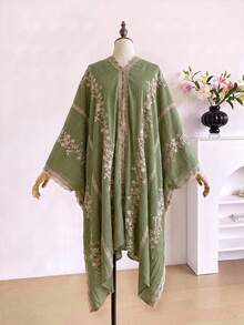 1件優雅花卉刺繡開襟和服式圍巾/沙龍披肩女款，春夏波希米亞風外套，海灘度假防曬罩衫，裝飾性刺繡開襟衫，適合日常穿著，完美禮物選擇 - 綠色 - 查看 4