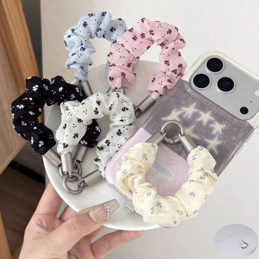 1pc Korean Style Ditsy Floral Fabric Scrunchie Phone Lanyard For Women, Pleated Mesh Portable Keychain Bag Charm, Versatile Minimalist Niche Design With Clip - Multicolor - View 1