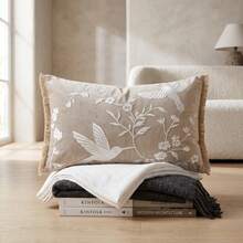 1pc Luxury Velvet Decorative Pillow Case With Tassels, Cream Hummingbird And Floral Embroidery Cushion Cover, Suitable For Sofa, Armchair, Aesthetic Room Decor - Khaki - View 9