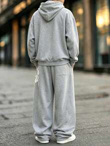 HEYKESON Men's Letter Print Hoodie & Wide Leg Sweatpants 2 Pieces Loose Streetwear Sports Set - Light Grey - View 6