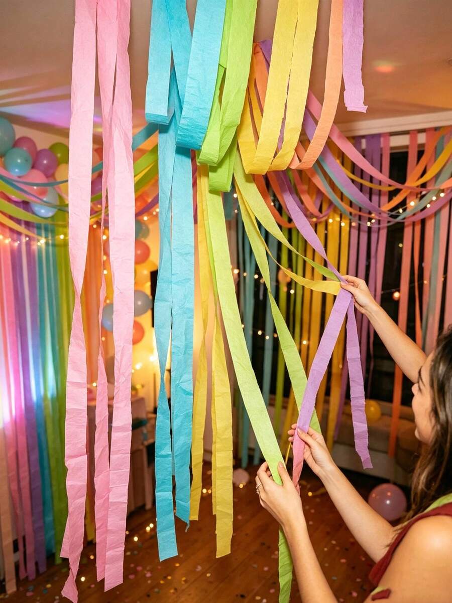 Macaron Color Crepe Paper Tassel Roll, Thickened Soft Pleated Decorative Strip, Suitable For Birthday Backdrop, Baby Shower Decoration, DIY Crafts, Wedding And Holiday Hanging Decor, Stretchable And Twistable Into Various Decorative Shapes - Multicolor - View 1
