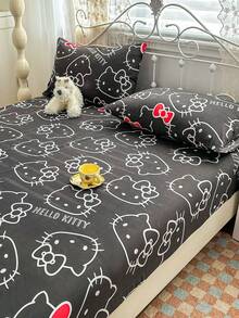 Sanrio 2/3件組 Hello Kitty 床上用品套裝，可愛卡通印花床單套件，床墊保護墊、床罩、床單，舒適家居紡織品，透氣防起球床墊保護墊，家居裝飾，適用所有床尺寸－雙人床、全尺寸床、加大床、特大床，四季通用，防塵床罩，可機洗 - 黑白KT - 查看 8