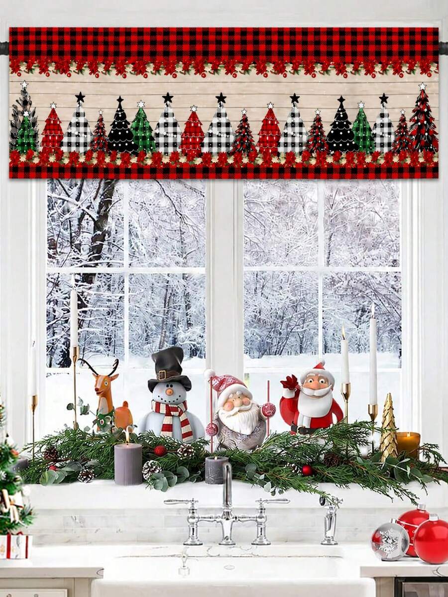 1pc Christmas Curtain Valance With Red Black Buffalo Plaid Christmas Tree Pattern, 139*46cm Polyester Hanging Window Decoration, Rod Pocket Short Curtain, Merry Christmas Decor, Xmas Decor, Holiday Party Decoration, Winter Home Decor, Bedroom Kitchen Living Room Window Decoration, Christmas Hanging Decor, Indoor Outdoor Decoration