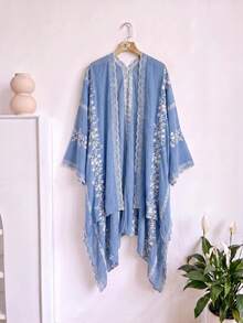 1件優雅花卉刺繡開襟和服式圍裙，波希米亞風春夏外套，海灘度假防曬罩衫，裝飾性刺繡開襟衫，適合日常穿著，完美禮物選擇 - 藍色 - 查看 6