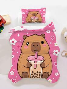 2/3PCS Capybara Bubble Tea Duvet Cover Set, Cute Cartoon Animal Bedding, Pink Heart Floral Print Bed Set For Girls - Multicolor - View 9
