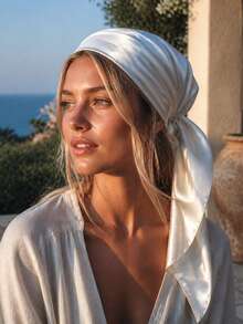 1pc Soft Solid Color Minimalist Polyester Silk-Like Square Scarf, Headband Headwrap, Suitable For Styling - White - View 2
