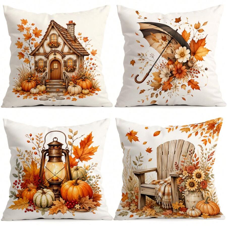 4pcs Autumn Harvest Themed Pillow Covers Without Inserts, Single-Sided Printed Pillow Covers, Suitable For Living Room Bedroom Home Decor, All-Season Pillow Covers - Multicolor - View 1