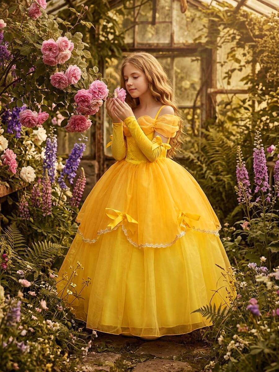 Tween Girls Yellow Spaghetti Strap Organza Glamorous Evening Gown, Suitable For Prom, Party, Halloween, Birthday, Princess Dress - Yellow - View 1