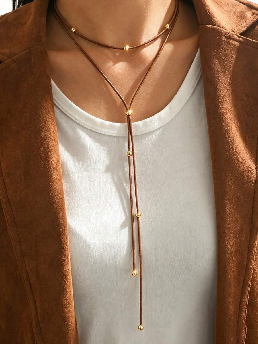 1pc Fashion Vintage Cross Beaded Layered Adjustable Long Necklace, Suitable For Women's Vacation, Autumn/Winter, Daily Wear - Brown - View 1