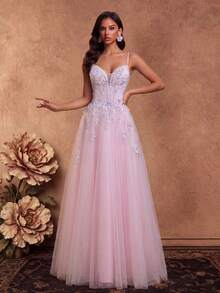 Women's 3D Floral Decor Luxurious High Waist Spaghetti Strap Maxi Evening Dress Pink Wedding - Pink - View 5