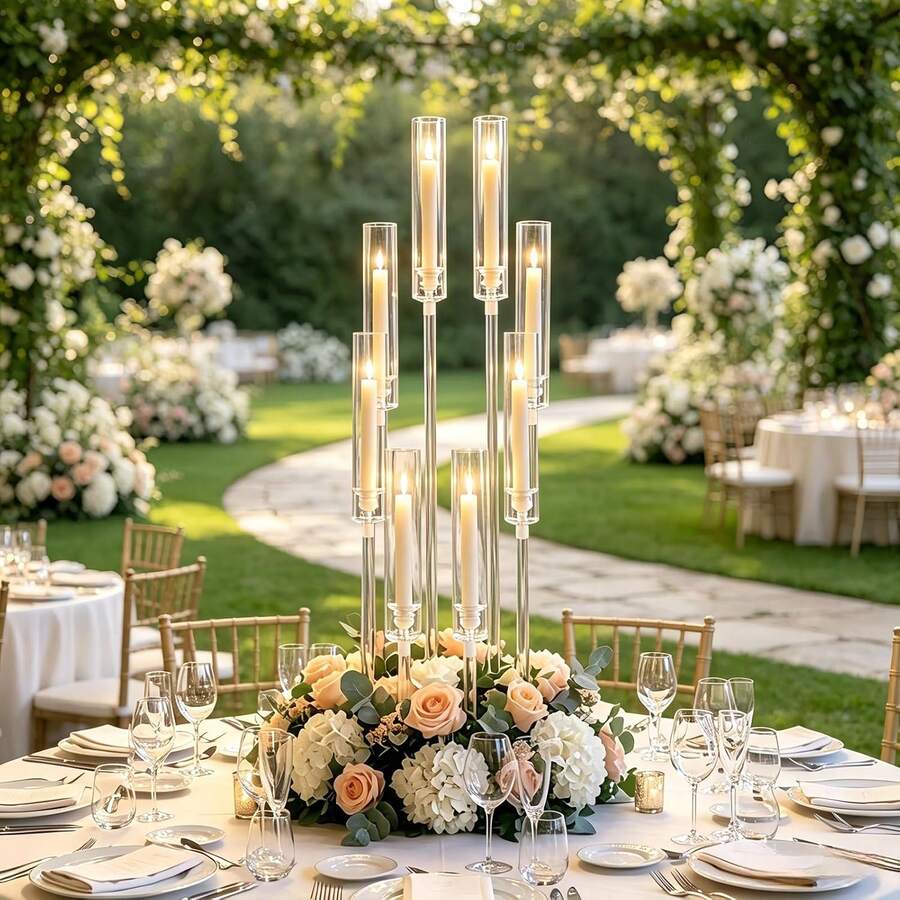 Vincidern 1PC 8 Arm Clear Candelabra Candle Holder For Wedding Table Centerpieces,38.5 Inches Tall Floor Arcylic Candlesticks Candle Holder With Removable Lampshade For Table Dinner Birthday Party Fireplace Decoration,No Candles Included - 8頭透明燭台 - 查看 1