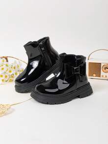Tween Kid Glossy Bow Ankle Boots Side Zipper Fleece Lined Non Slip Thick Sole Winter Boots For Kids Warm Footwear - Black - View 5