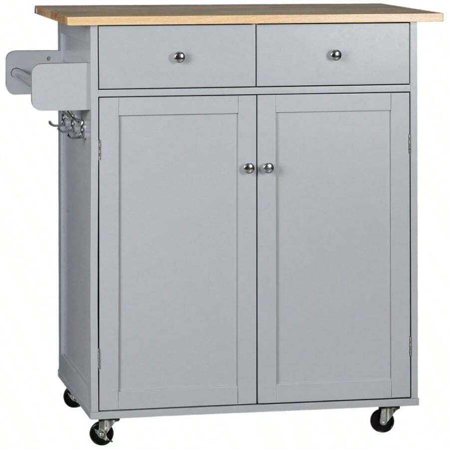 Rolling Kitchen Island On Wheels, Utility Serving Cart With Rubber Wood Top, Towel Rack, Hooks And Storage Drawers, Grey - Multicolor - View 1