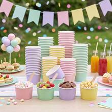10/20/40pcs Macaron 4-Color Disposable Paper Ice Cream Cups, 9oz Smooth Matte Solid Color Dessert Bowls, Multi-Color Rolled Edge Snack Cups, Suitable For Birthday, Summer Picnic, Baby Shower, School Party Food Tableware - Macaron Colors - View 2