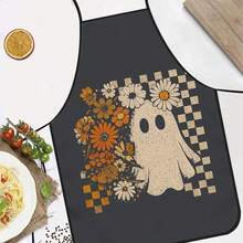 1pc Halloween Daisy Ghost Print Apron, Featuring Checkerboard Daisy Ghost Pattern, Durable Cooking Apron Suitable For Bakers, Cake Decorators, BBQ Enthusiasts, Gardeners, Painters, Nail Artists - Perfect Gift For Home And Professional Chefs - Multicolor - View 5