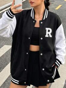 1pc Girls' Casual Loose Colorblock Outdoor Sports Letter Print Ribbed Contrast Color Fleece Lined Thickened Open Front Jacket Baseball Shirt Spring Autumn Winter Back To School - Black - View 2
