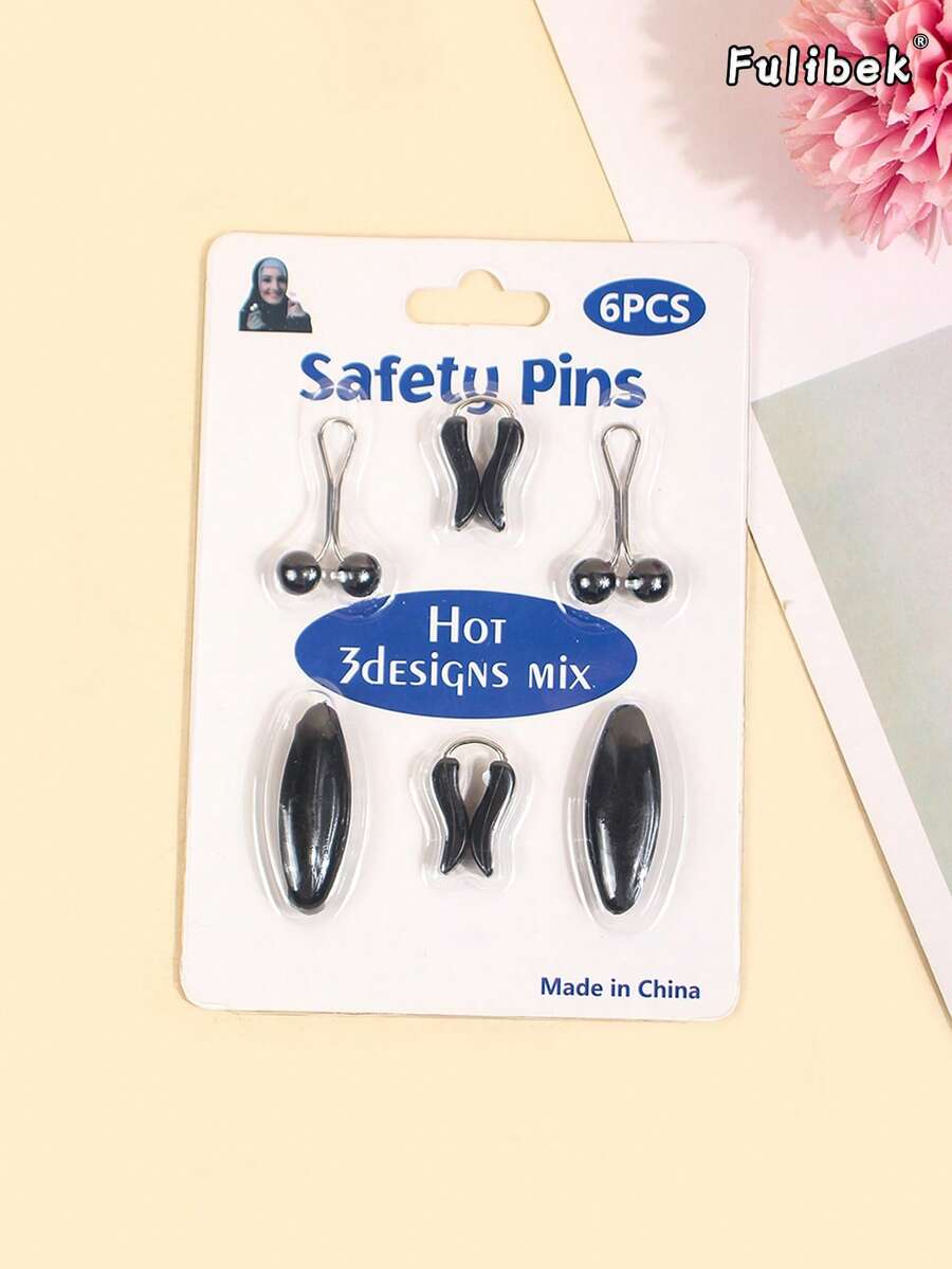1 Box 6pcs Plastic Safety Pin U-Shaped Clip Set, Scarf Clip, Neck Clip, Headscarf Pin, Pearl Clip, Scarf Clip, Suitable For Daily Use - Black - View 1