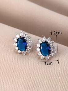 1 Pair Fashionable Elegant Elegant Cubic Zirconia Flower Stud Earrings Suitable For Women's Daily Wear, Party, Holiday Gift - Blue - View 2