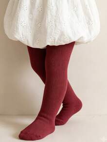 1 Pair Baby Tights, Infant Leggings, Princess Style Jumpsuit Tights, Baby Girl Dance Socks, Solid Color Tights, Versatile Minimalist Style - Red - View 5