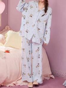 Gongdie 2 Potong Set Piyama Wanita Snoopy, Pakaian Santai Musim Semi/Musim Gugur Warna Biru Muda Lembut Bertekstur, Motif Kartun dan Bintang - Baby Blue - View 9