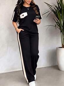 春夏秋女款新款休閒圓領個性化假口袋愛心圖案短袖上衣與長褲兩件套 黑色優雅 - 黑色 - 查看 4