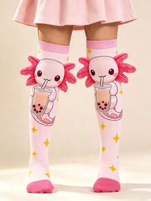 1 Pair Cute 3D Salamander Knee-High Socks For Kids, Fun Cartoon Long Socks, Girls Back To School Autumn, Halloween, Thanksgiving, Christmas Children's Gift - Multicolor - View 5
