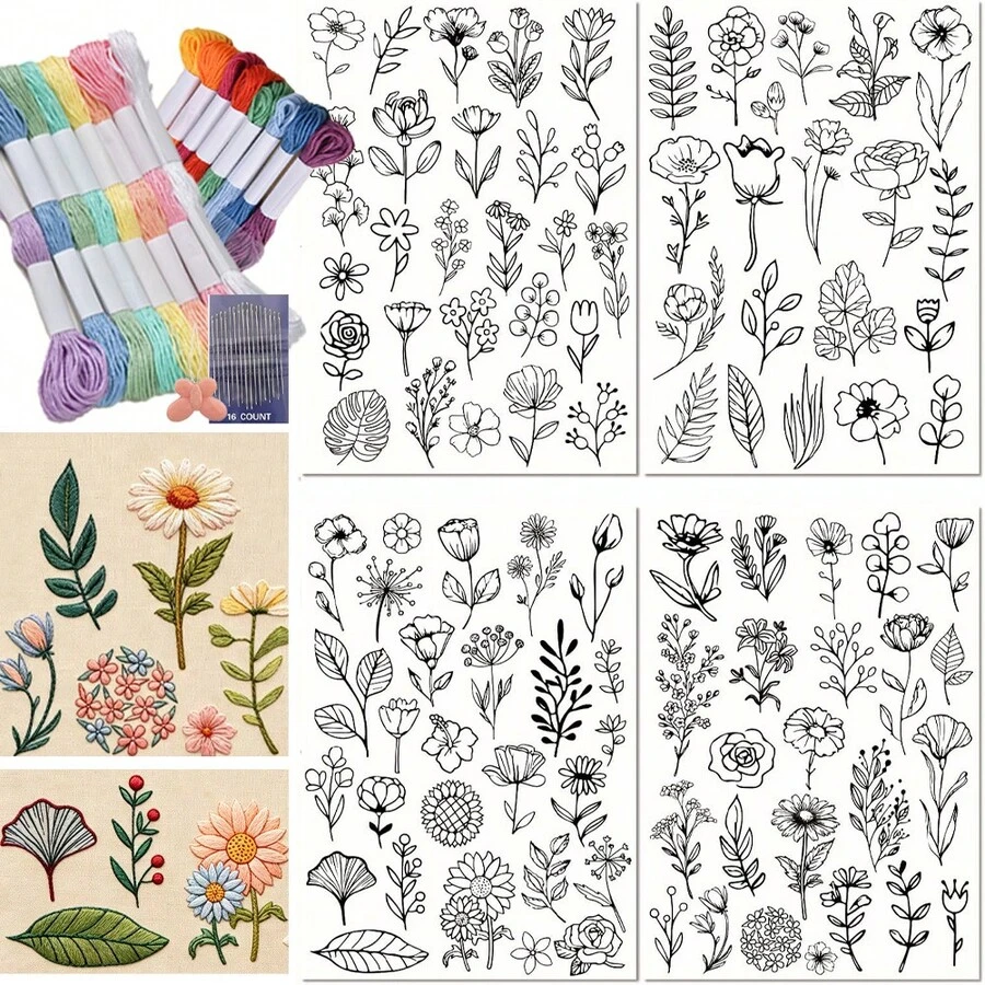 手工水溶性預印花刺繡圖案紙，適用於衣物、包包與帽子裝飾，可溶性花卉刺繡定型紙