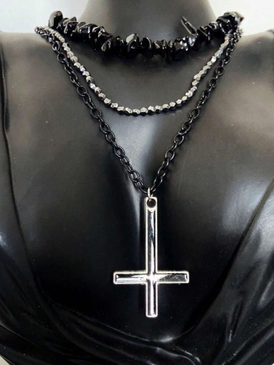 1pc Women's Pendant Necklace, Multi-Color Metal Material, Cross Punk Style, Multi-Layer Necklace, Suitable For Party, Music Festival, Clothing Accessory