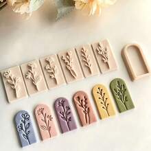 7件組春季系列葉子與花朵造型黏土印章套組，聚合物黏土壓印工具組，DIY手工珠寶吊墜黏土藝術工具 - 杏色 - 查看 2