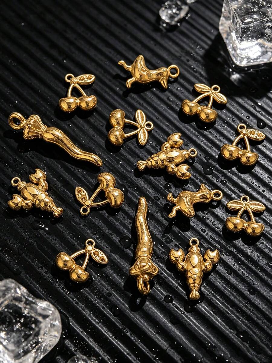 5-Piece Set Of 18K Gold-Plated Stainless Steel Heart, Pineapple, And Small Flower Pendants For DIY Necklace And Bracelet Jewelry Making - 1 Pendant - View 1