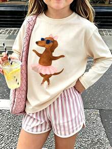 Girls Cute Ballet Dachshund Graphic Long Sleeve T-Shirt Casual Crewneck Loose Daily Tee - Apricot - View 2