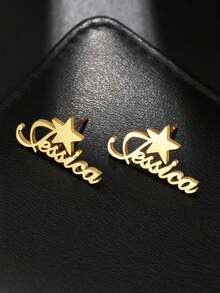 Custom Name Star Earrings With Star, Personalized Name Earrings, 18K Gold Plated Stainless Steel Hypoallergenic Earrings Piercing Jewelry - Multicolor - View 4