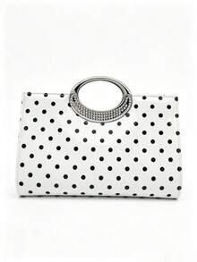 Women's White Polka Dot Patent Leather Handle Clutch Bag, Rhinestone Oval Frame Mini Handbag, Evening Bag, Suitable For Weddings, Parties And Daily Occasions - White - View 7