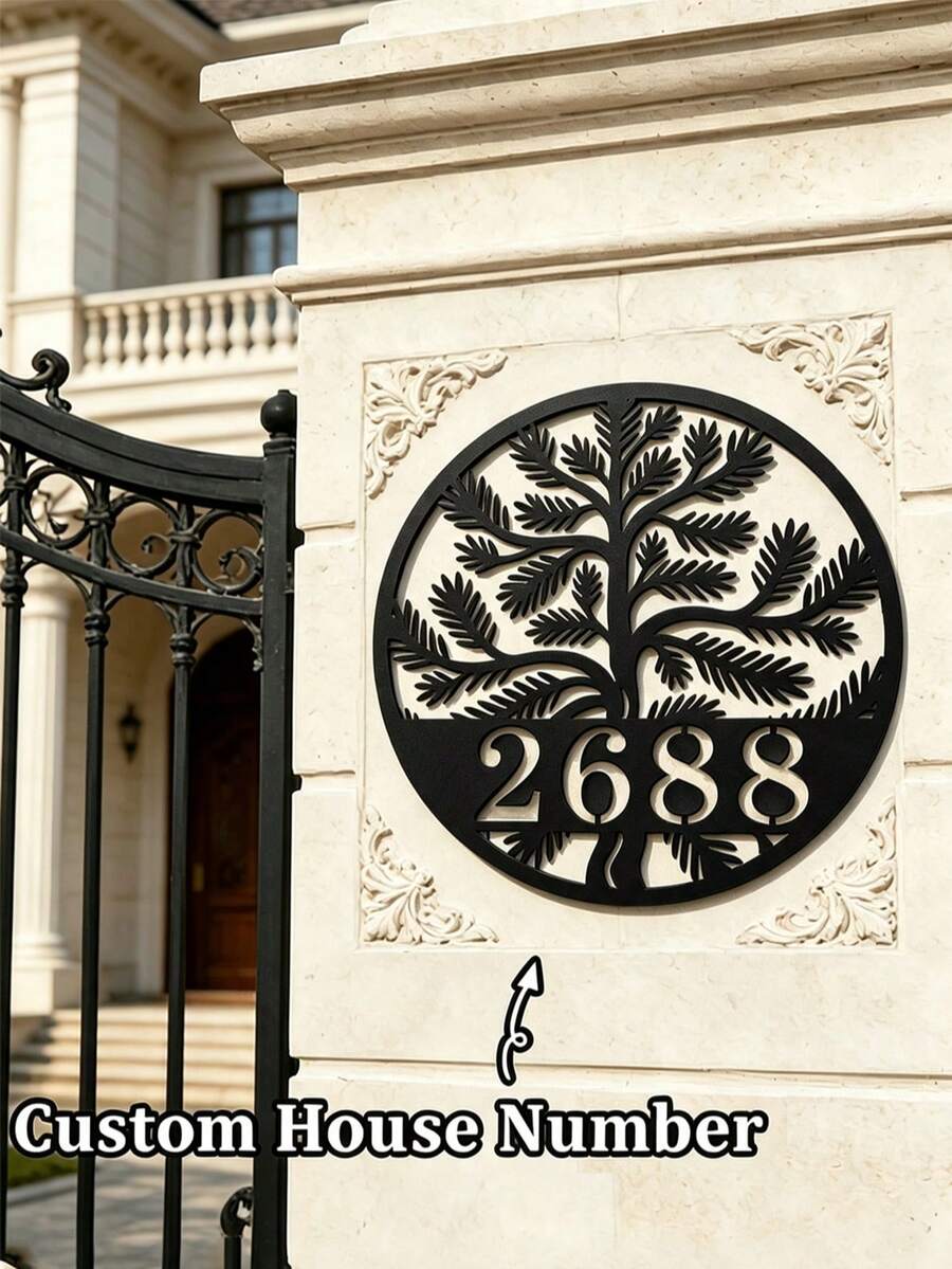 3 Sizes Available! Personalized Pine Tree Metal Sign Custom Number Address Plaque Wall Hanging Metal Wall Art Home Decor Front Door Porch Yard - Black - View 1